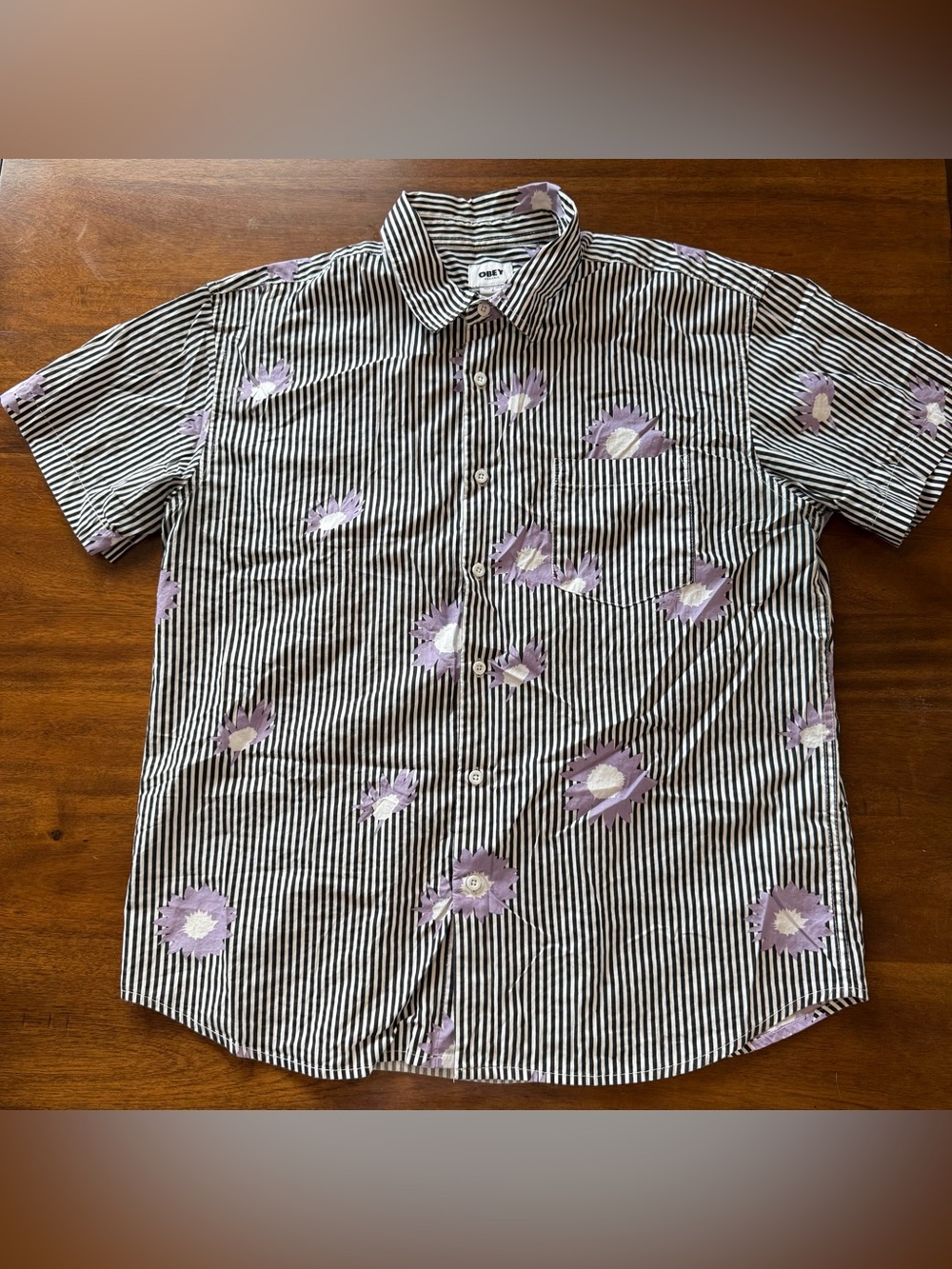 Obey Men’s Black & White Striped Button-Up Shirt with Lavender Floral Size Large
